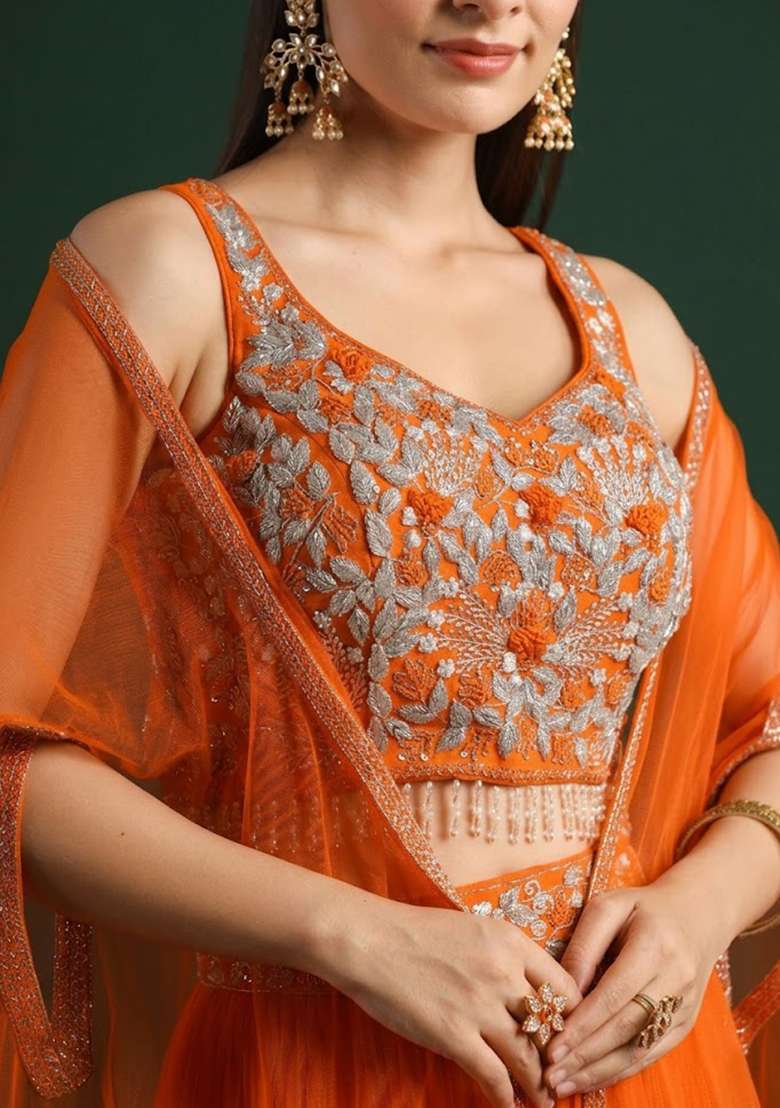 Orange Crepe Embroidered Handwork Lehenga Set - Indya