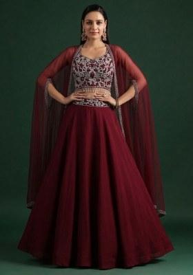 Red Crepe Embroidered Handwork Lehenga Set