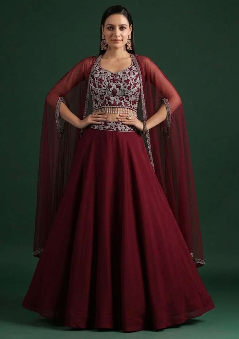 Red Crepe Embroidered Handwork Lehenga Set - Indya