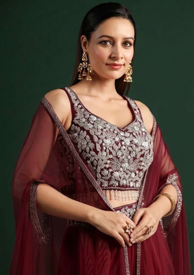 Red Crepe Embroidered Handwork Lehenga Set - Indya
