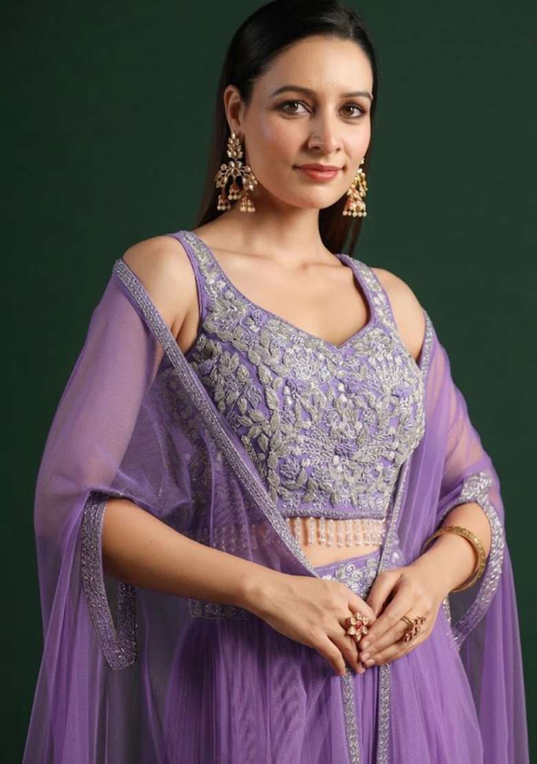 Sun Yellow Crepe Embroidered Handwork Lehenga Set - Indya