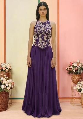 Deep Purple Crepe Embroidered Handwork Fusion Set