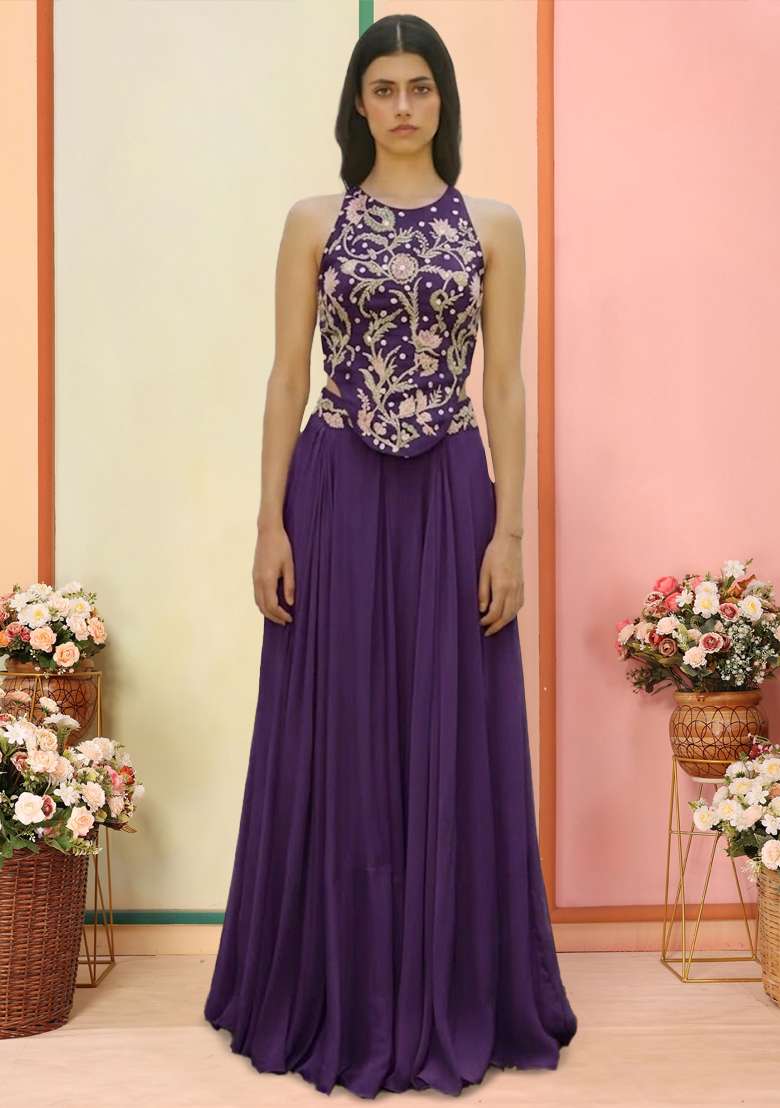 Deep Purple Crepe Embroidered Handwork Fusion Set - Indya