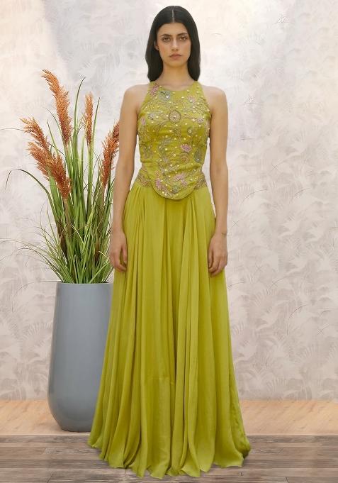 Apple Green Crepe Embroidered Handwork Fusion Set