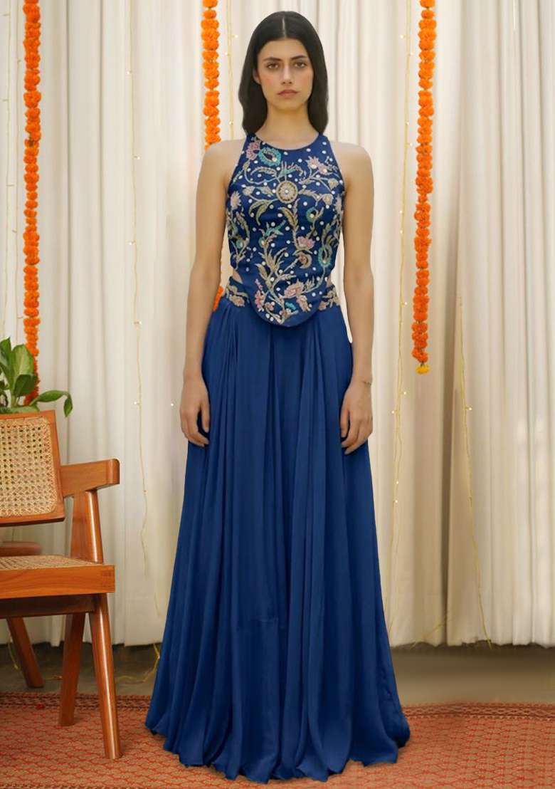 Blue Crepe Embroidered Handwork Fusion Set - Indya