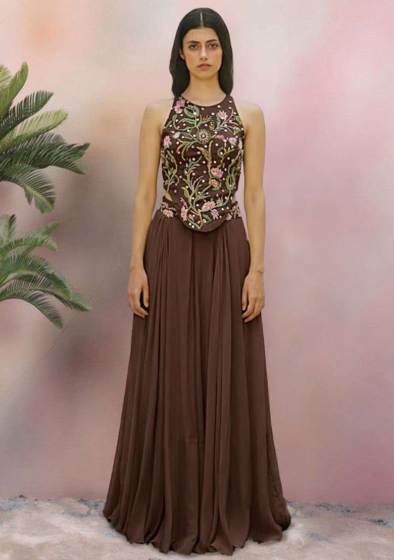 Chestnut Brown Crepe Embroidered Handwork Fusion Set - Indya