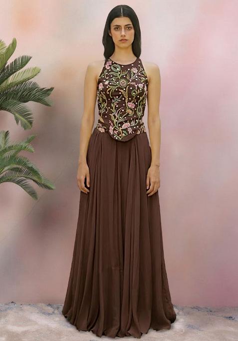 Chestnut Brown Crepe Embroidered Handwork Fusion Set