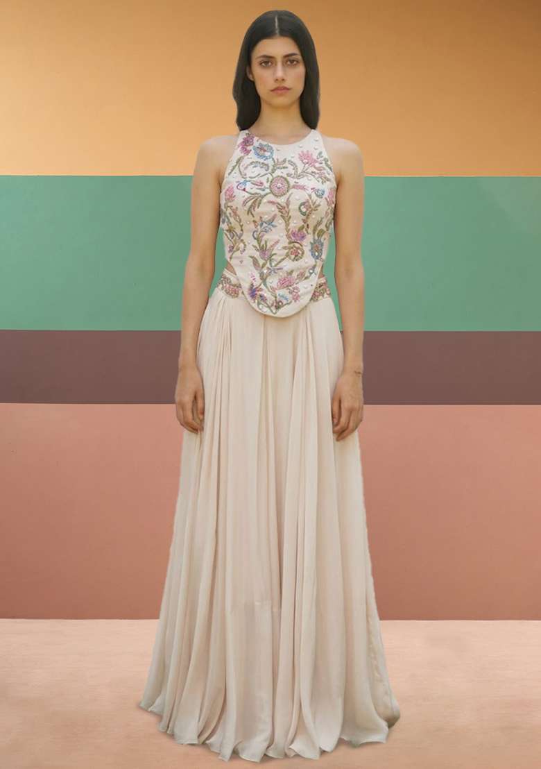 Snow White Crepe Embroidered Handwork Fusion Set - Indya