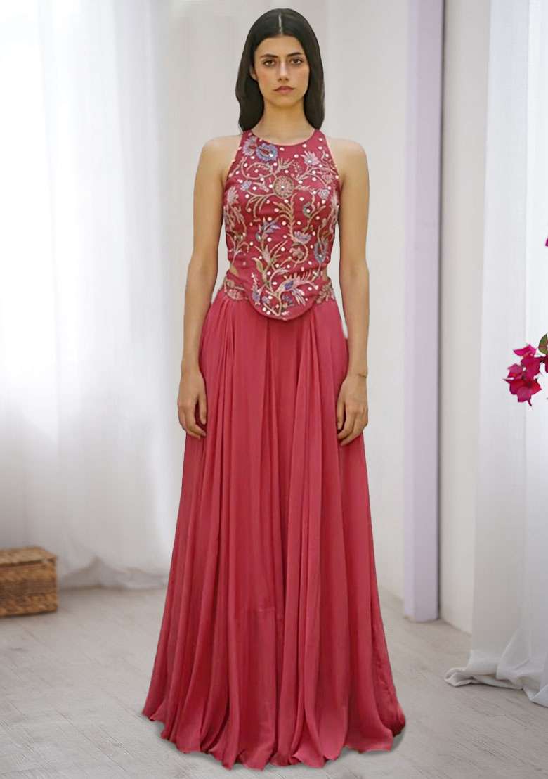 Berry Red Crepe Embroidered Handwork Fusion Set - Indya