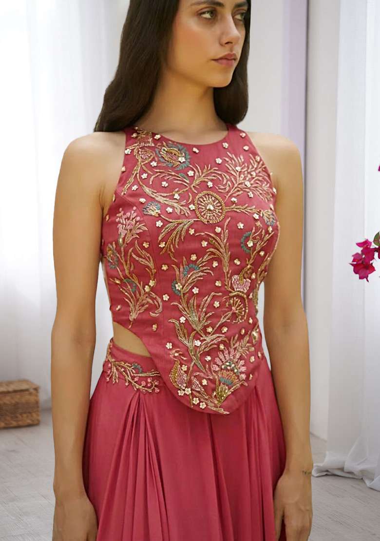 Berry Red Crepe Embroidered Handwork Fusion Set - Indya