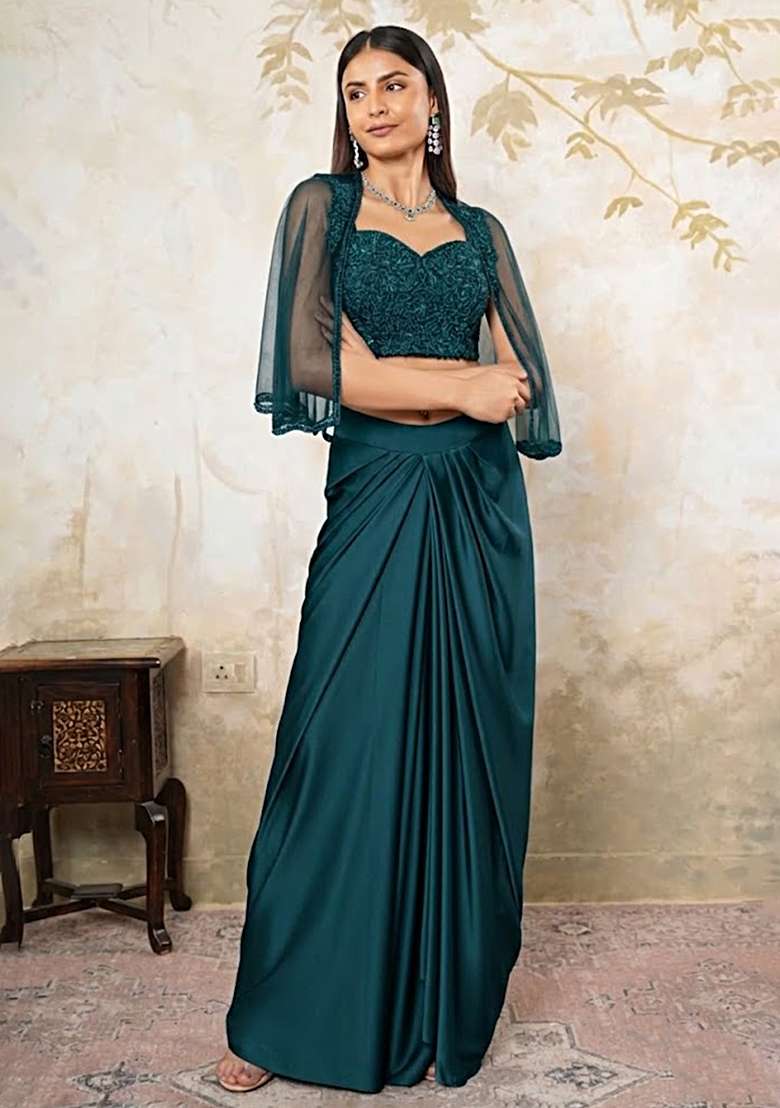 Aqua Blue Satin Embellished Handwork Fusion Set - Indya