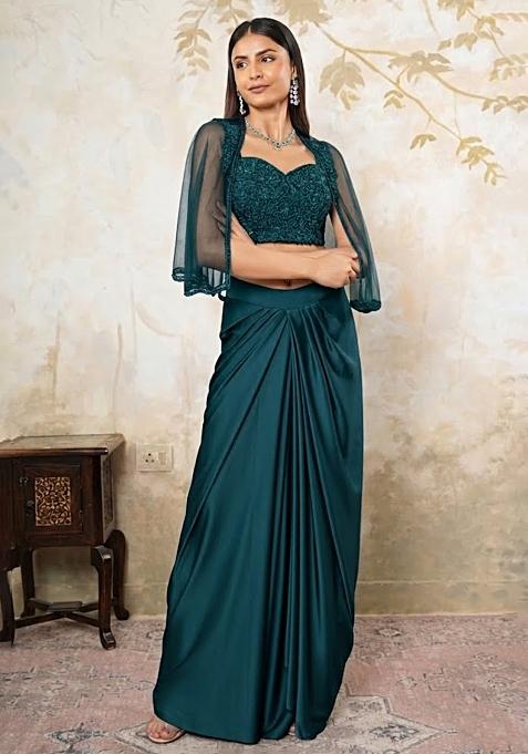 Aqua Blue Satin Embellished Handwork Fusion Set