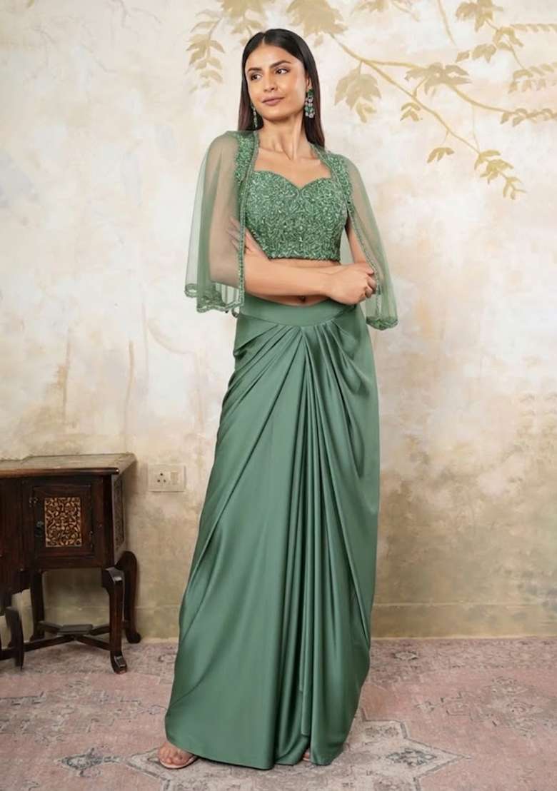 Purple Satin Embellished Handwork Fusion Set - Indya
