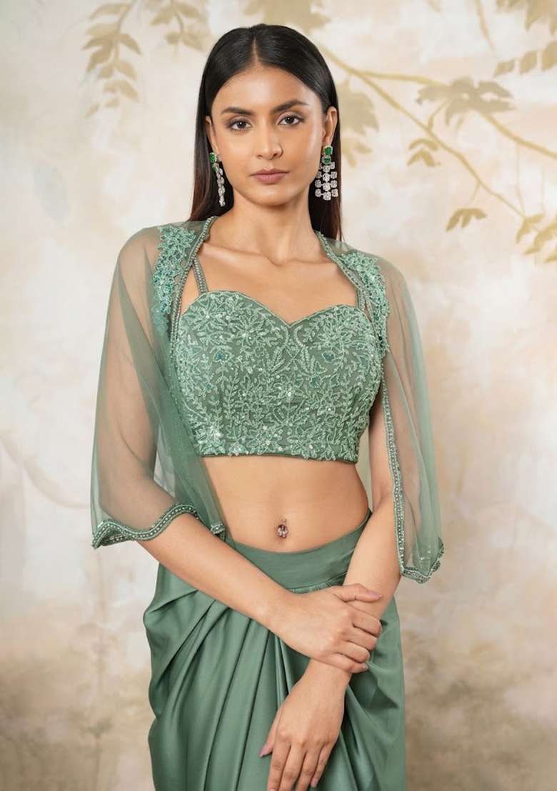 Purple Satin Embellished Handwork Fusion Set - Indya