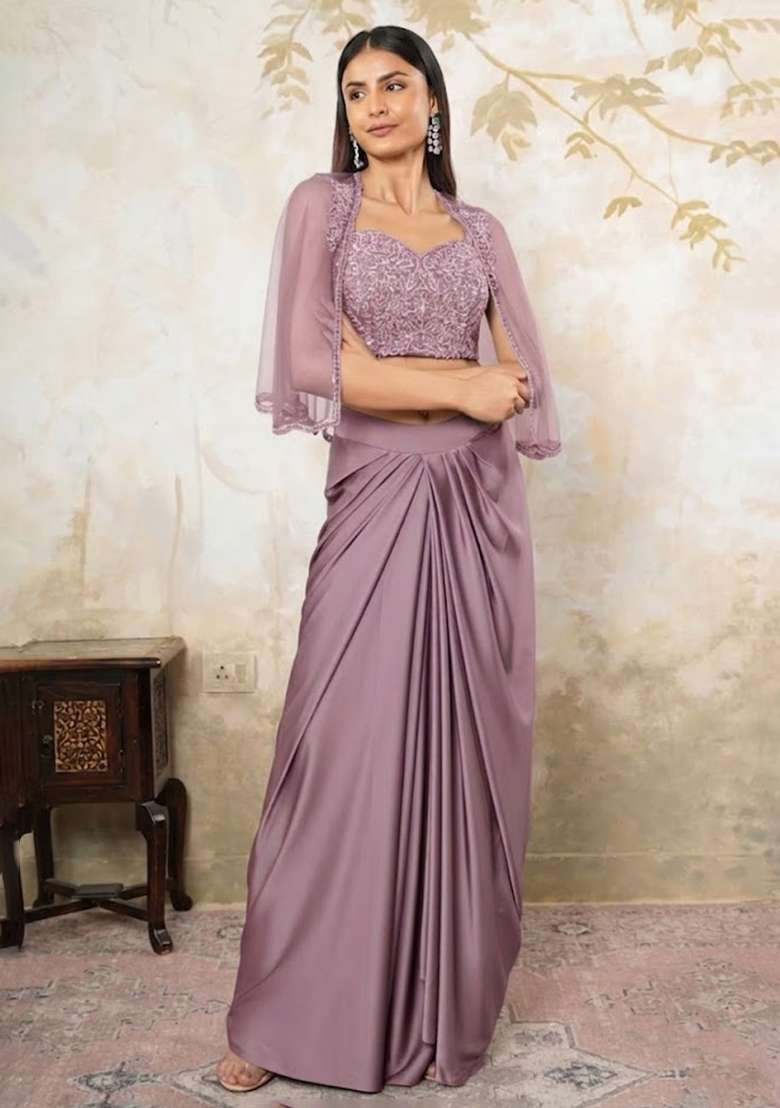 Misty Grey Satin Embellished Handwork Fusion Set - Indya