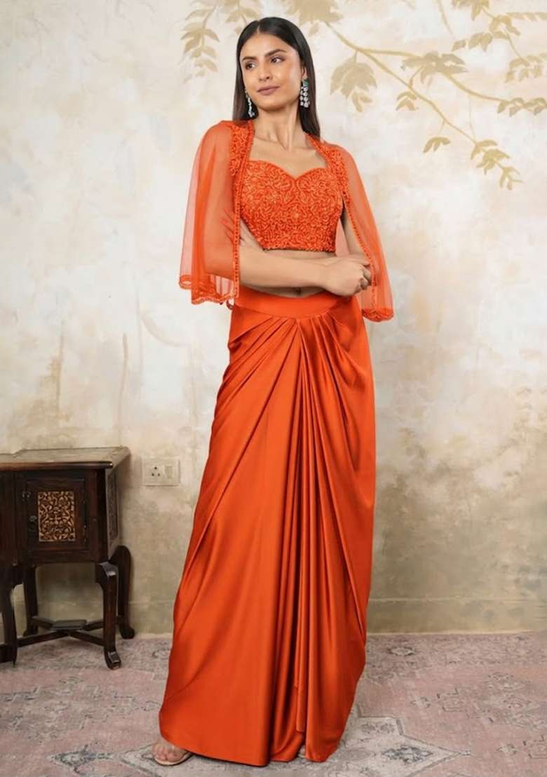 Coral Red Satin Embellished Handwork Fusion Set - Indya