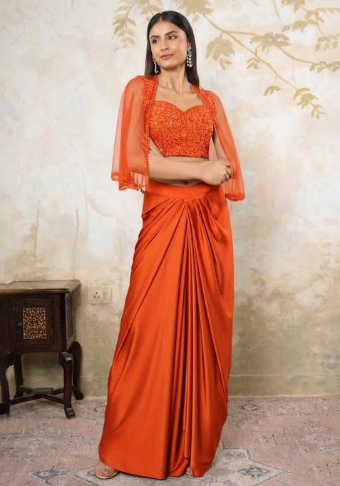Coral Red Satin Embellished Handwork Fusion Set