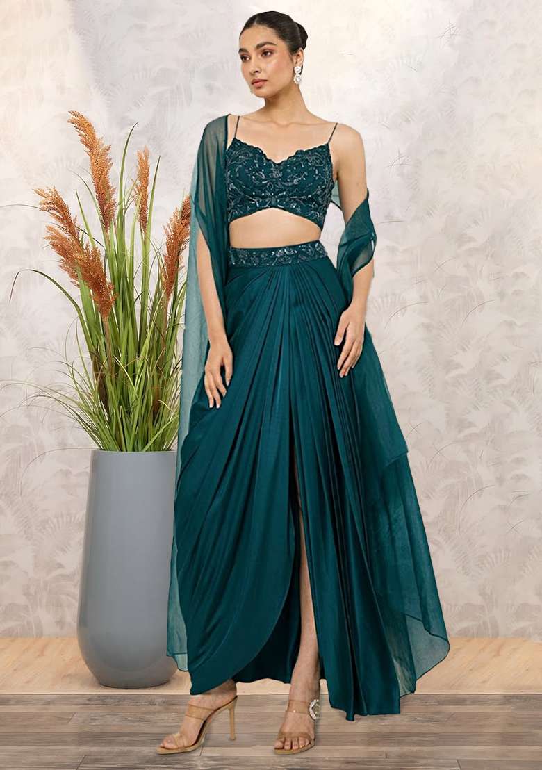 Aqua Blue Satin Embellished Handwork Fusion Set - Indya
