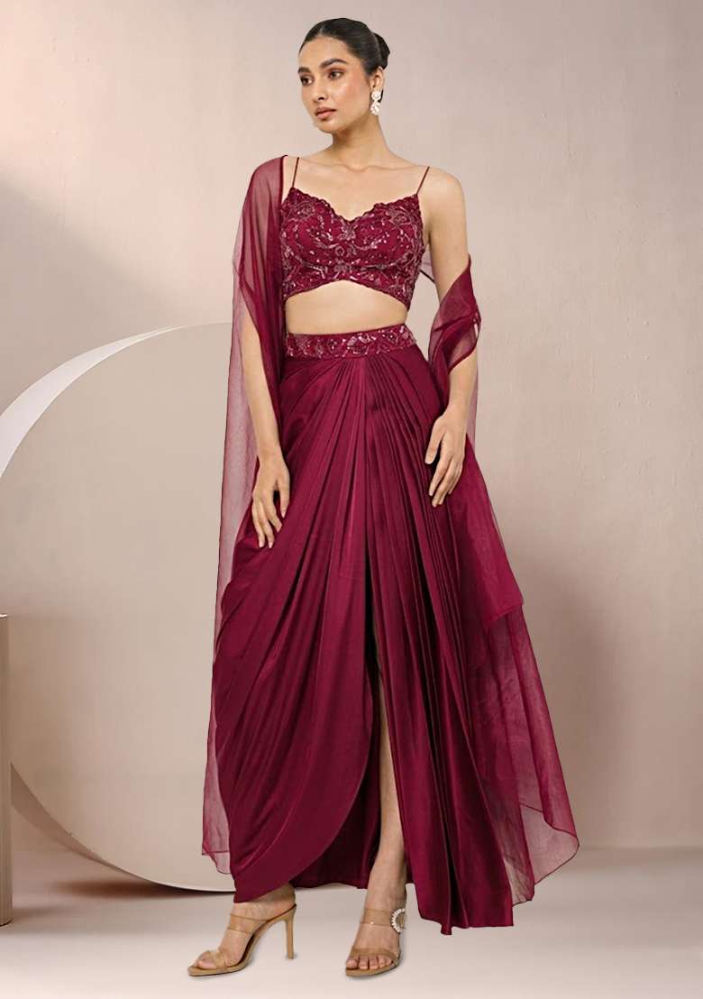 Red Satin Embellished Handwork Fusion Set - Indya