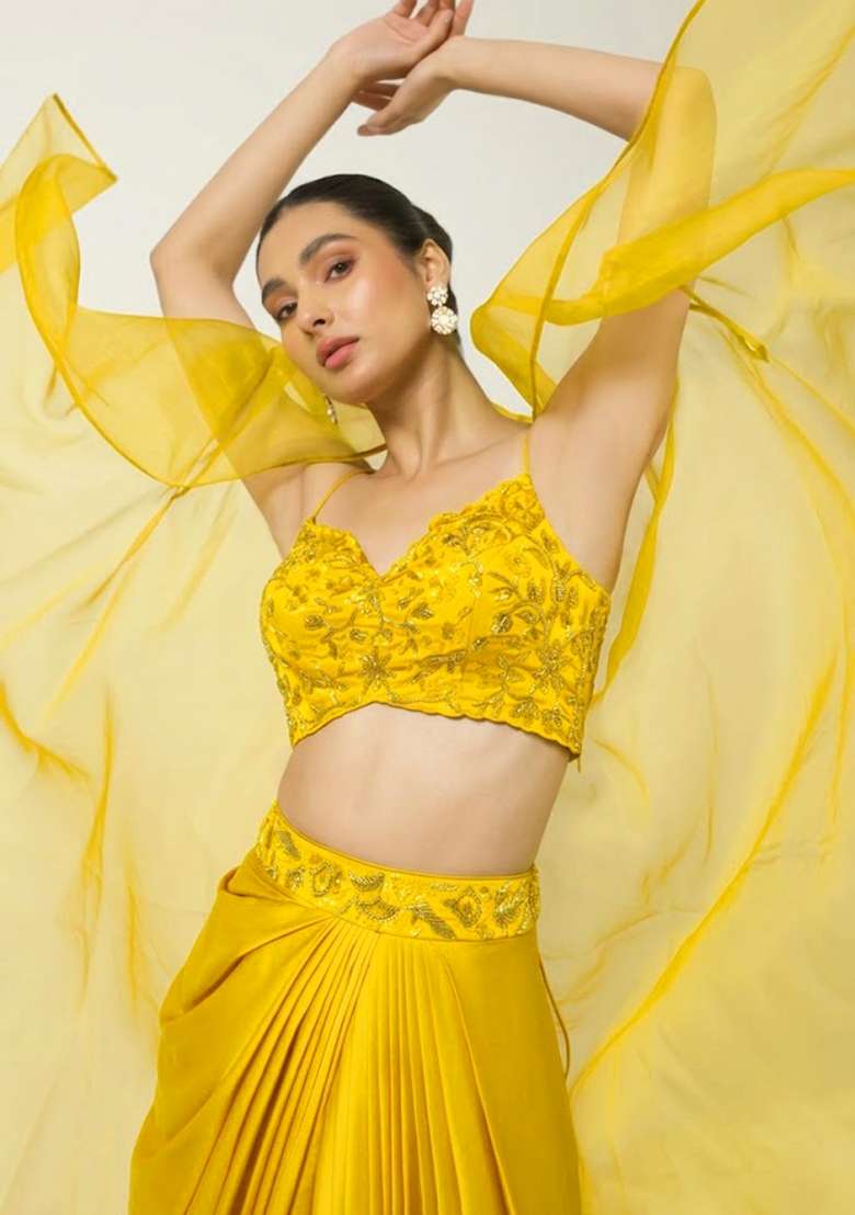 Yellow Satin Embellished Handwork Fusion Set - Indya