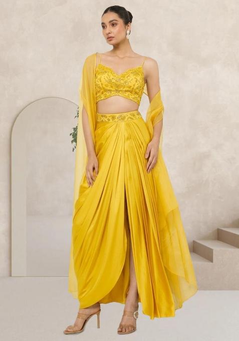 Yellow Satin Embellished Handwork Fusion Set