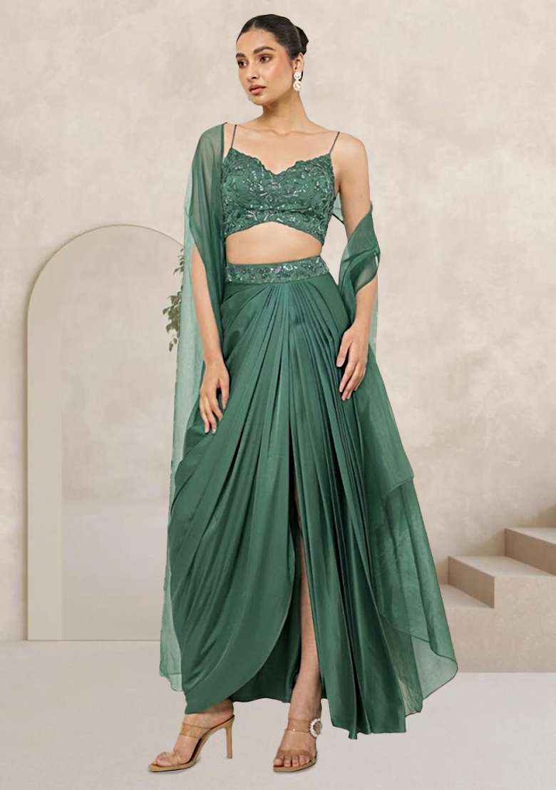 Purple Satin Embellished Handwork Fusion Set - Indya