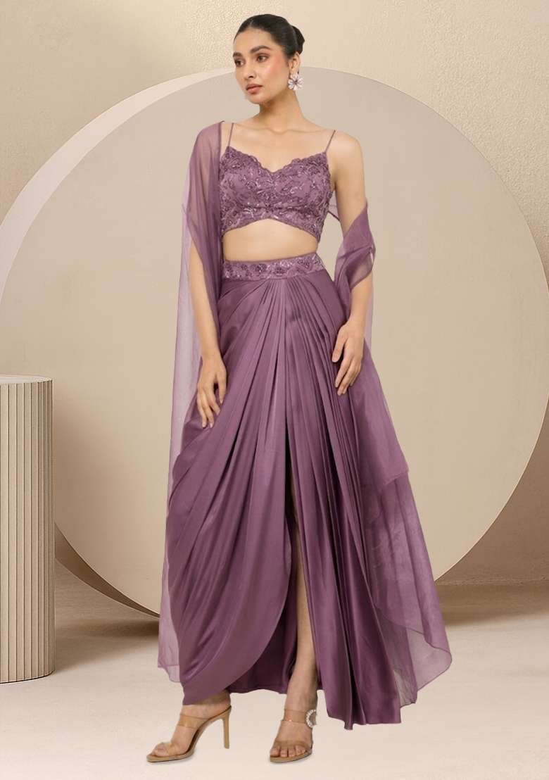 Misty Grey Satin Embellished Handwork Fusion Set - Indya
