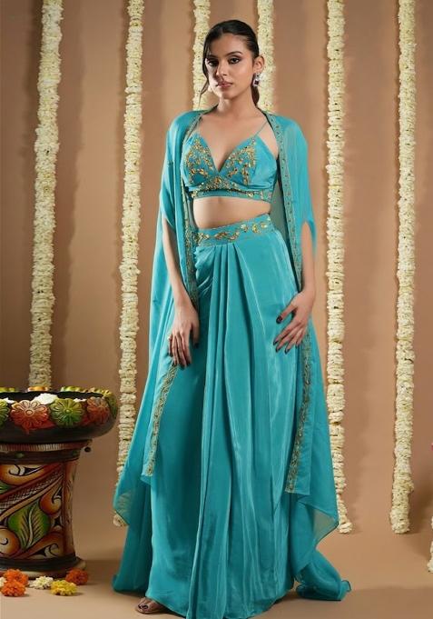 Blue Crepe Embellished Handwork Fusion Set