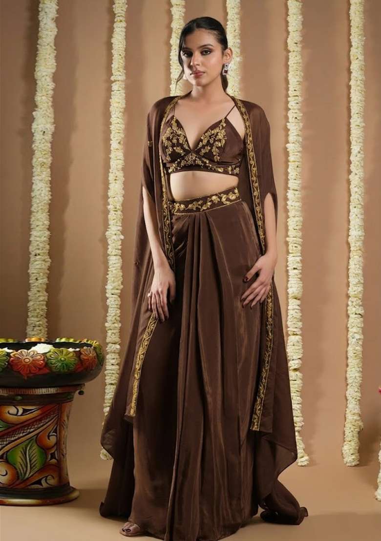 Fudge Brown Crepe Embellished Handwork Fusion Set - Indya