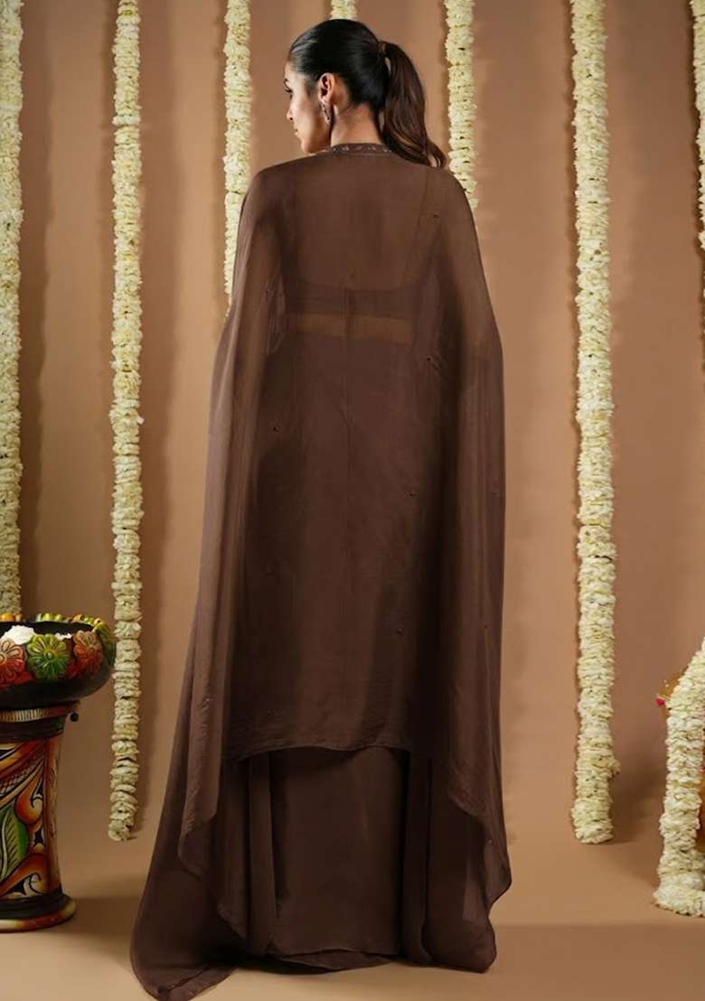 Fudge Brown Crepe Embellished Handwork Fusion Set - Indya