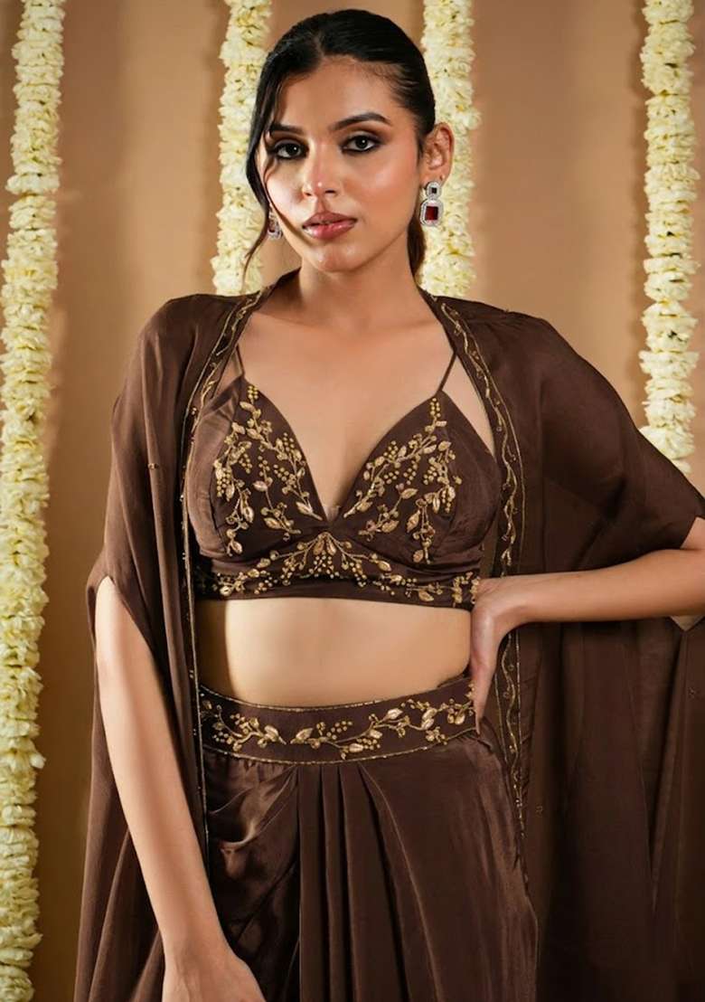 Fudge Brown Crepe Embellished Handwork Fusion Set - Indya
