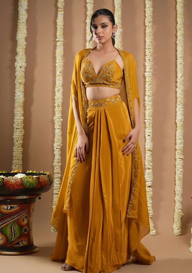Orange Crepe Embellished Handwork Fusion Set - Indya
