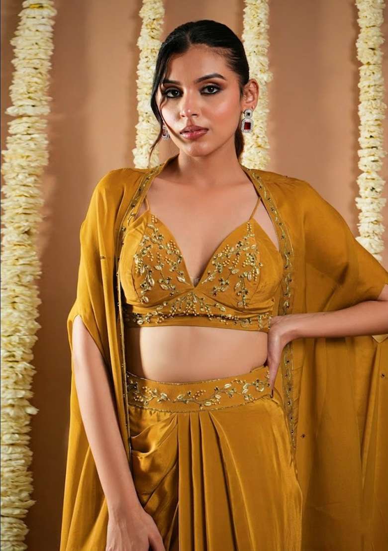 Orange Crepe Embellished Handwork Fusion Set - Indya