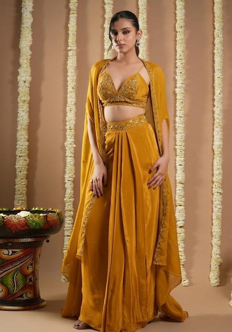 Orange Crepe Embellished Handwork Fusion Set