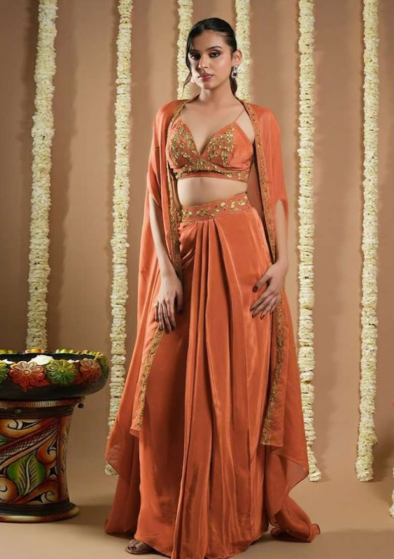 Peach Crepe Embellished Handwork Fusion Set - Indya