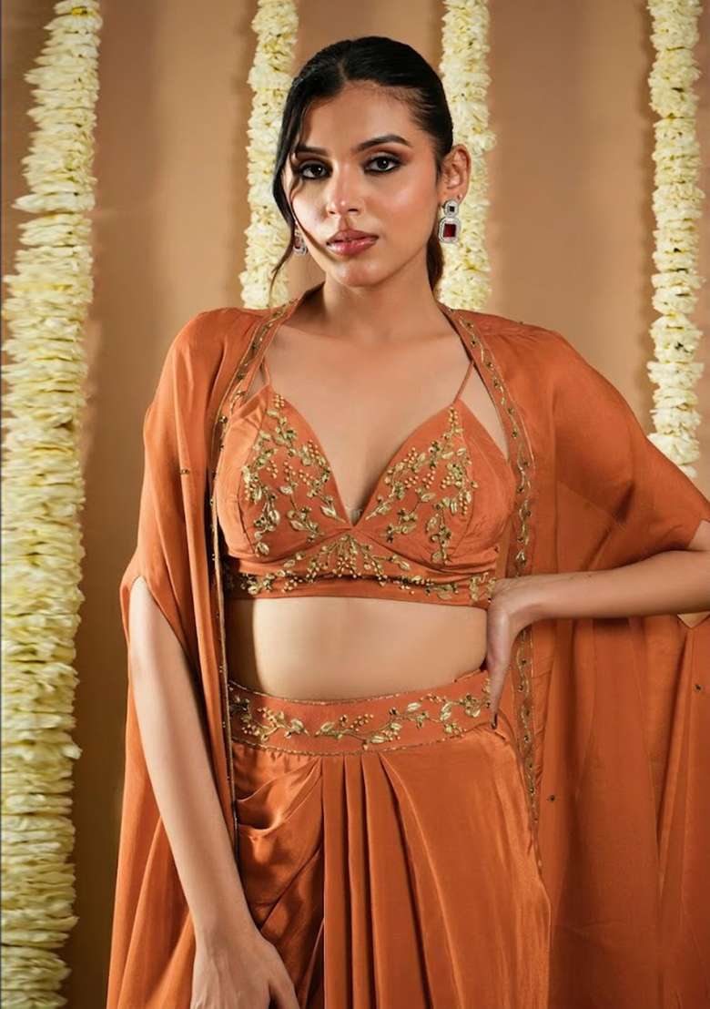 Peach Crepe Embellished Handwork Fusion Set - Indya