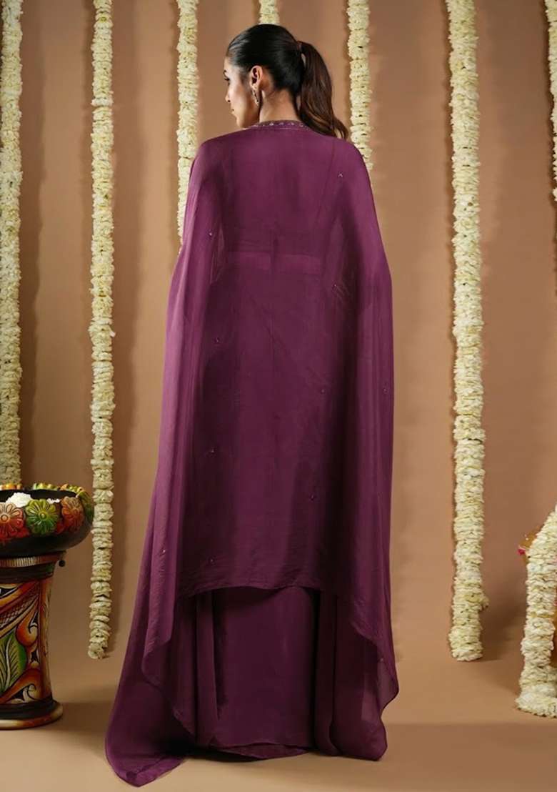 Purple Crepe Embellished Handwork Fusion Set - Indya