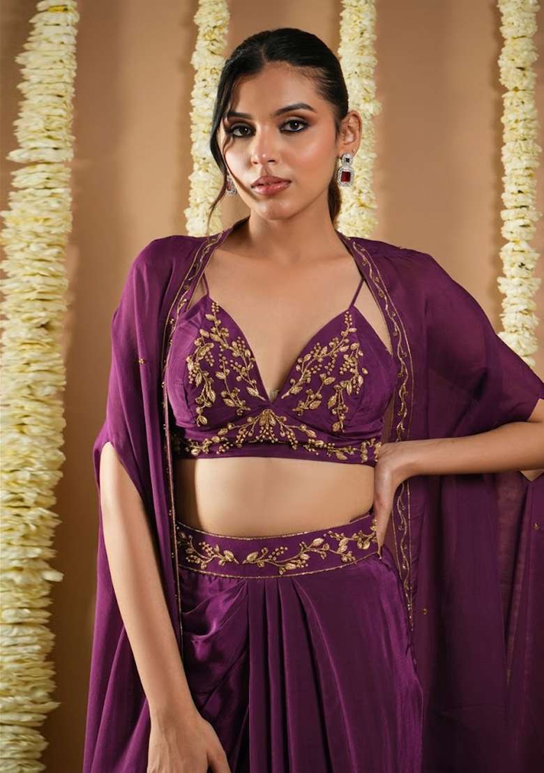 Purple Crepe Embellished Handwork Fusion Set - Indya