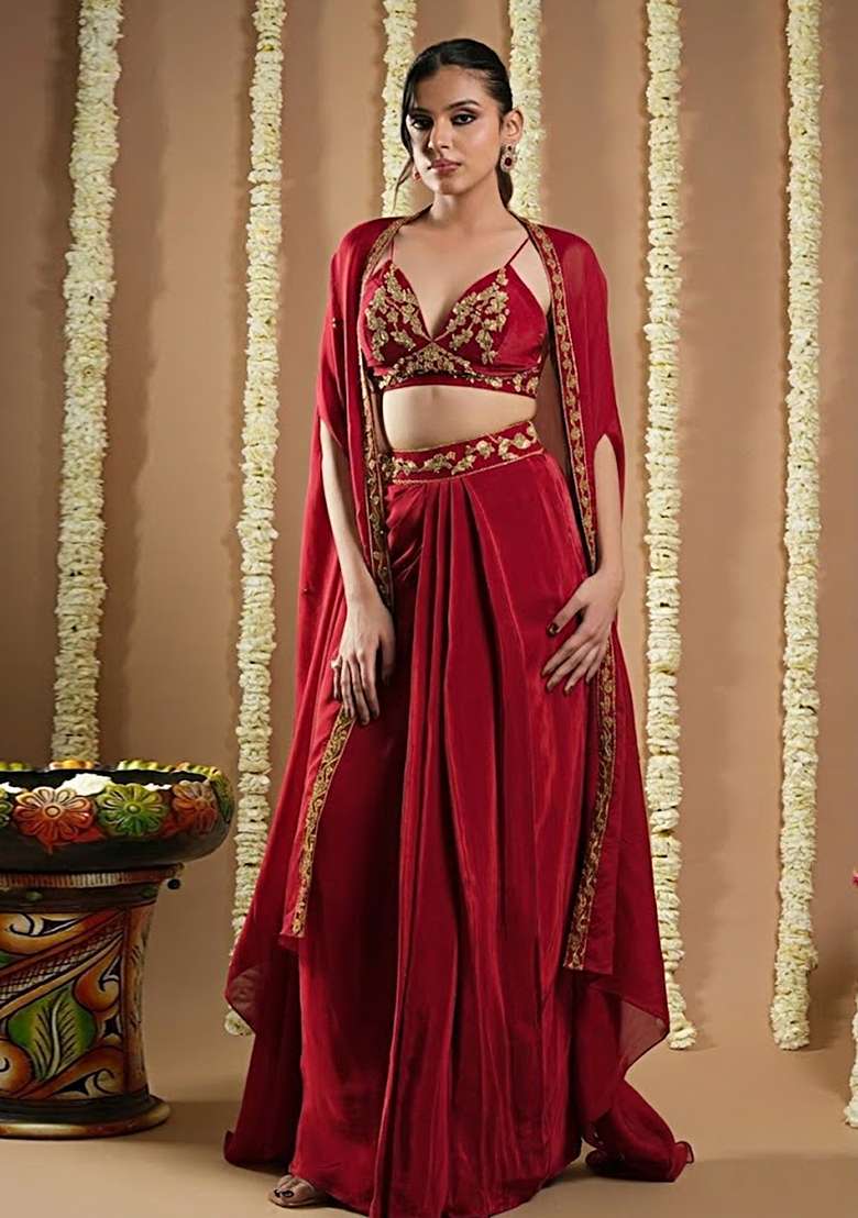 Ice Blue Crepe Embellished Handwork Fusion Set - Indya