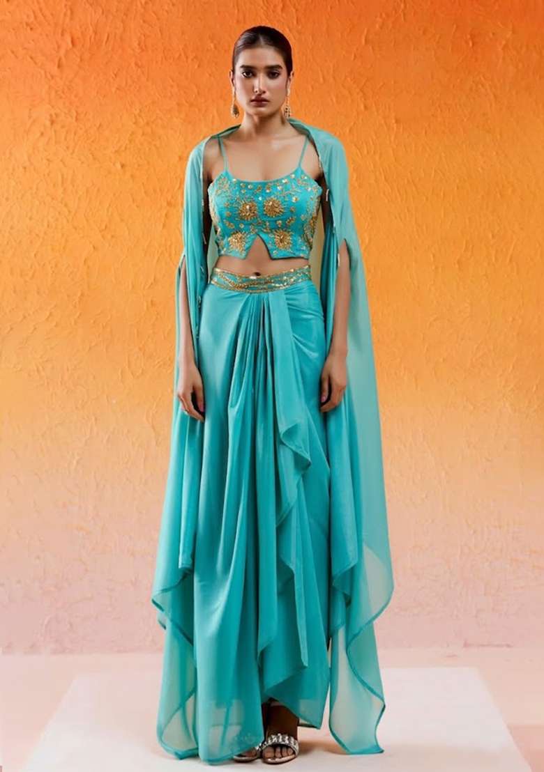 Blue Chinon Embellished Handwork Fusion Set - Indya