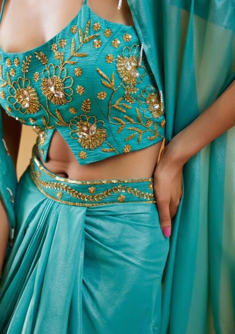 Blue Chinon Embellished Handwork Fusion Set - Indya