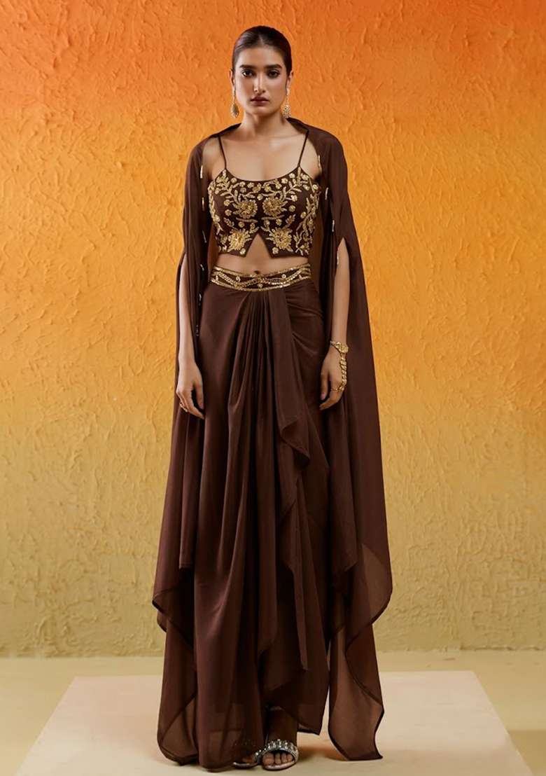 Fudge Brown Chinon Embellished Handwork Fusion Set - Indya
