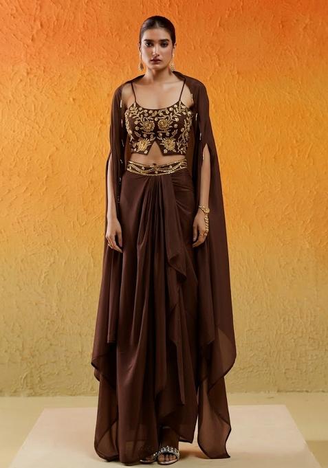 Fudge Brown Chinon Embellished Handwork Fusion Set