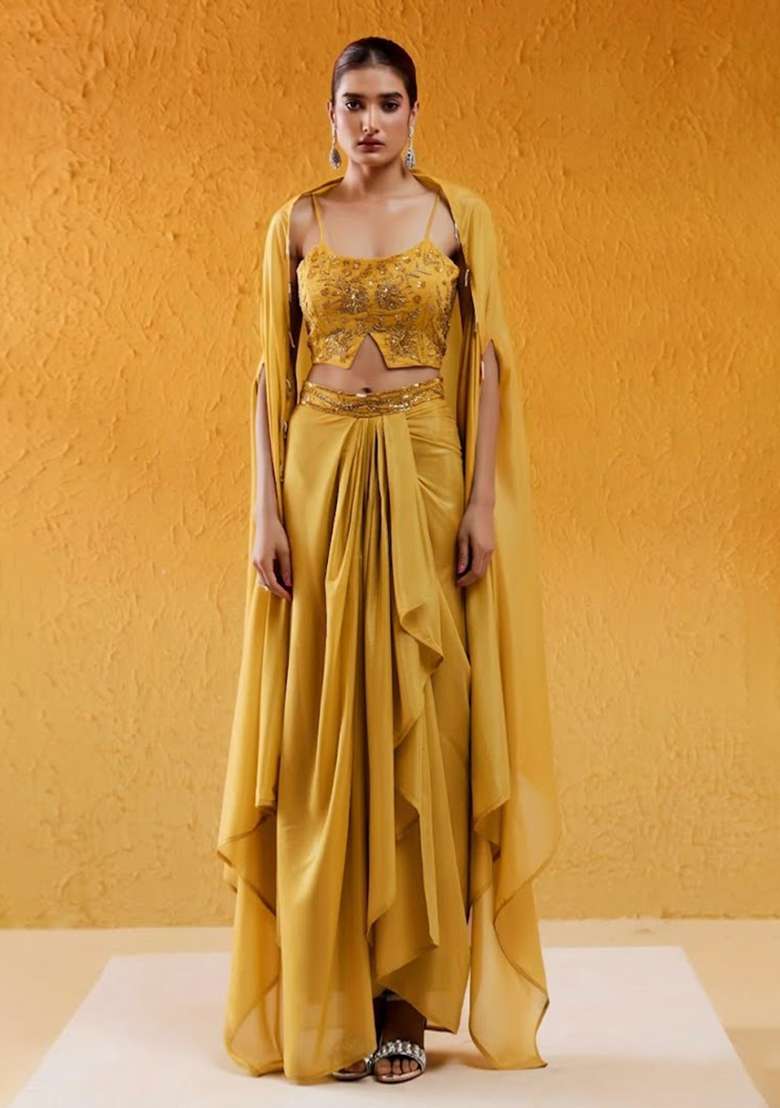 Orange Chinon Embellished Handwork Fusion Set - Indya