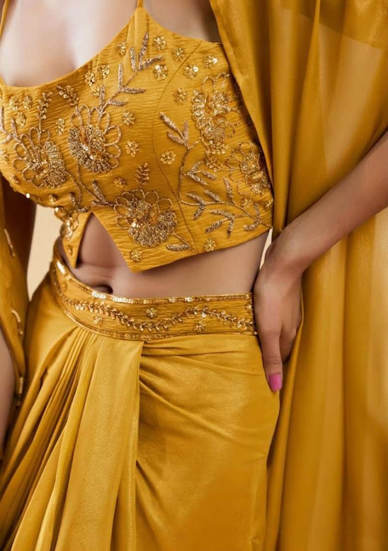 Orange Chinon Embellished Handwork Fusion Set - Indya