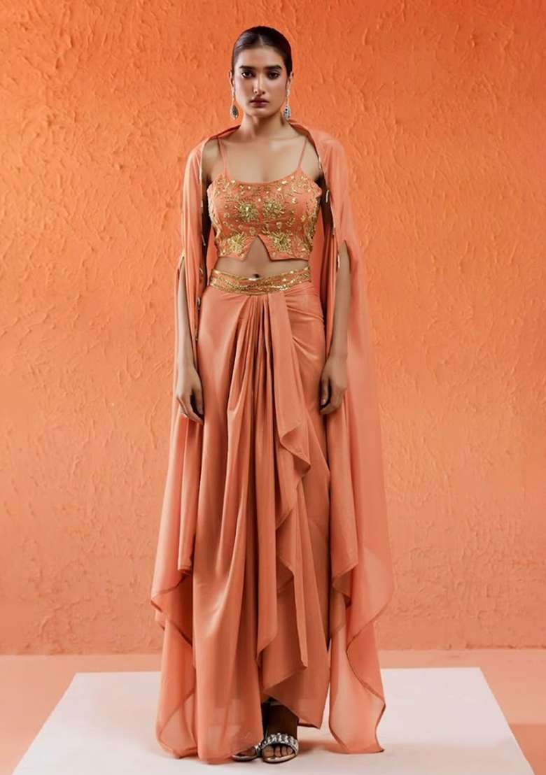 Peach Chinon Embellished Handwork Fusion Set - Indya