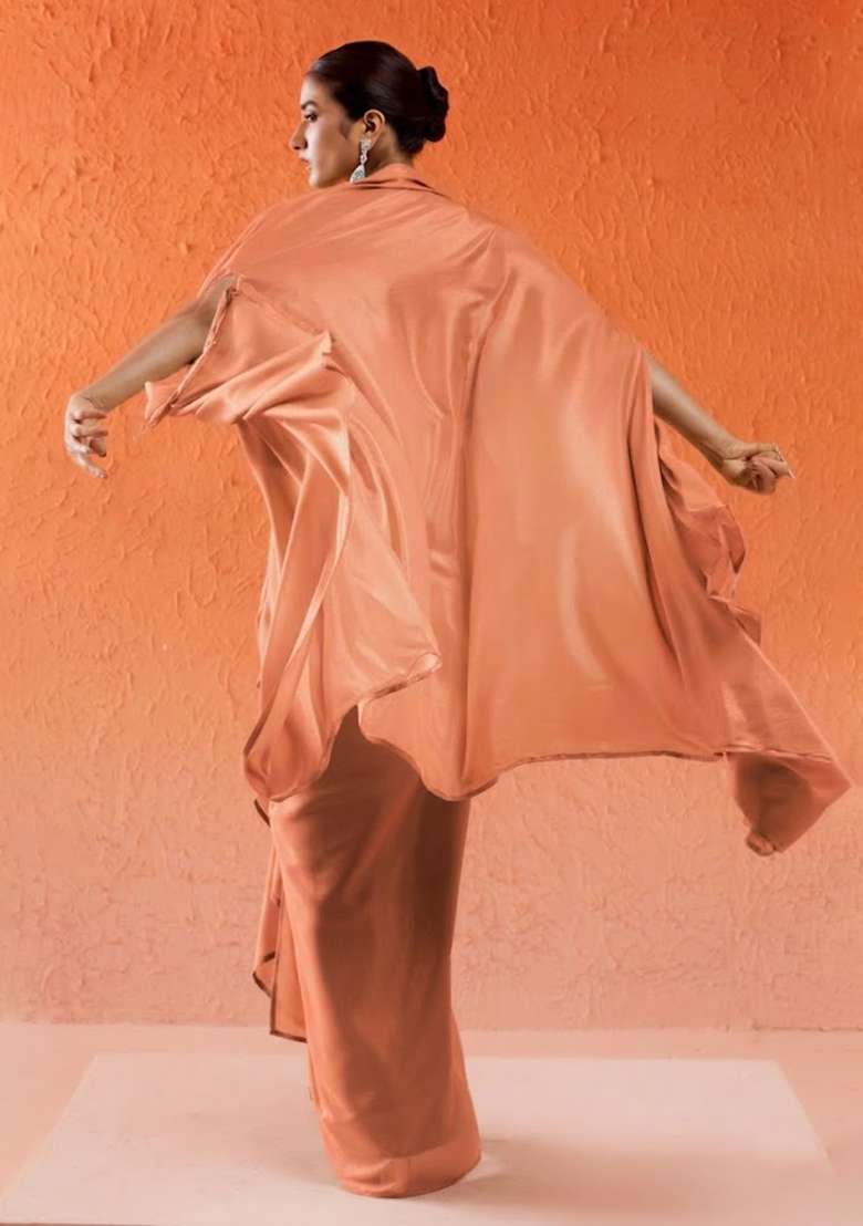 Peach Chinon Embellished Handwork Fusion Set - Indya