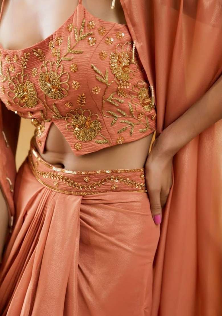Peach Chinon Embellished Handwork Fusion Set - Indya