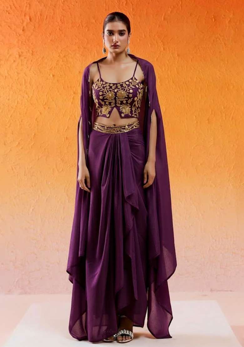 Purple Chinon Embellished Handwork Fusion Set - Indya