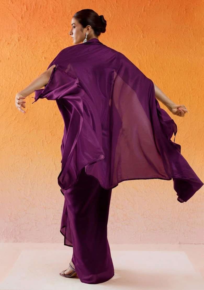 Purple Chinon Embellished Handwork Fusion Set - Indya